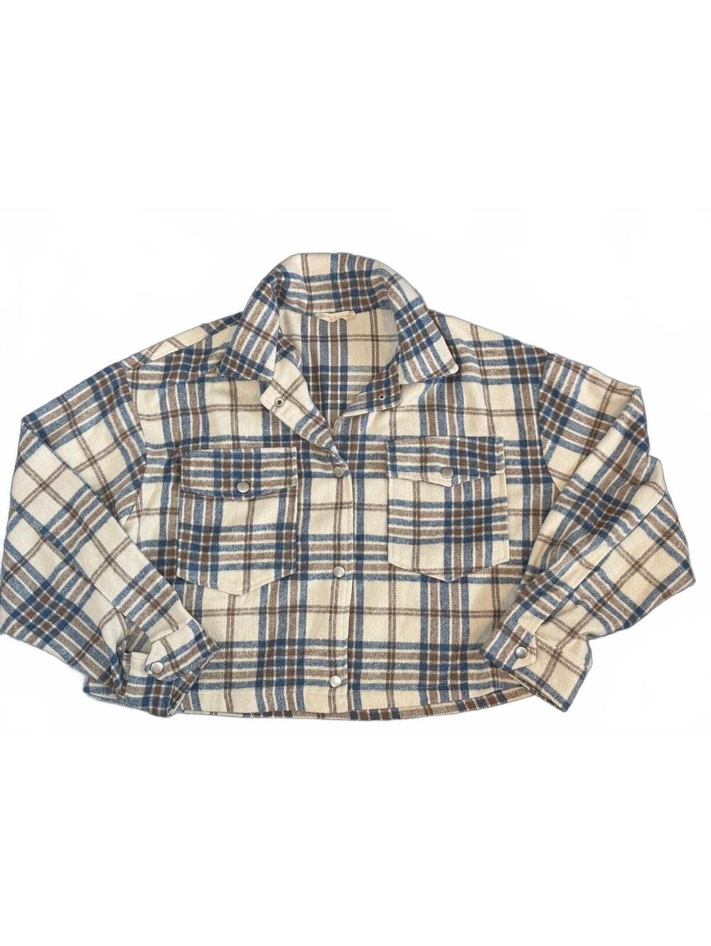 Altar'd State Women's Medium Blue Brown Plaid Snap Cropped Flannel Jacket